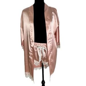 Elegant Pink Satin Robe with Lace Trim